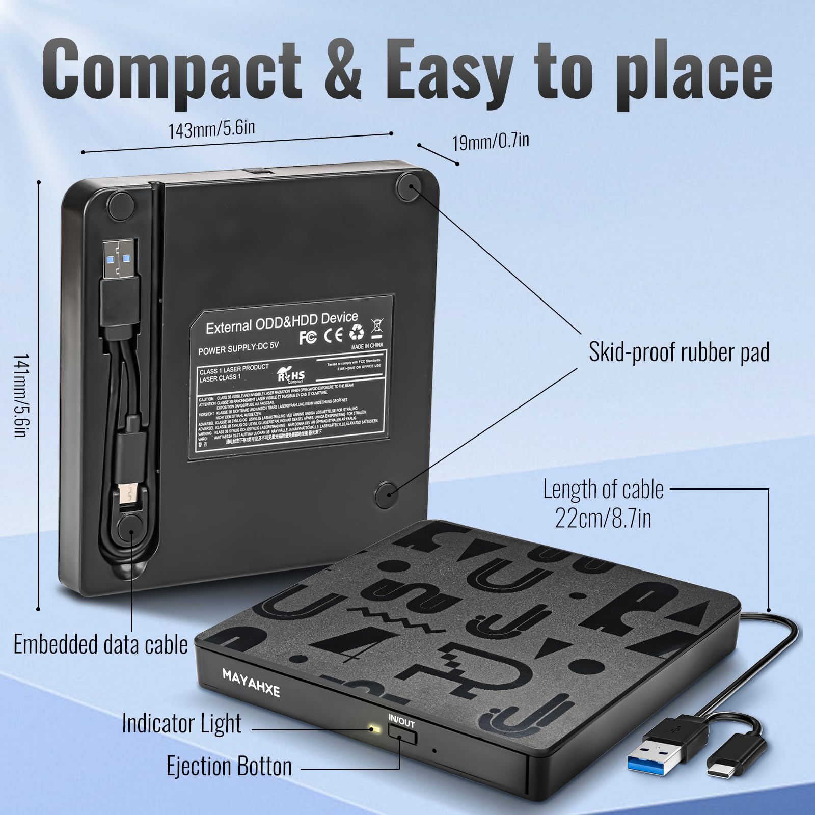 External CD DVD Drive, USB 3.0 Type C CD/DVD Burner Portable DVD+/-RW CD Player for Laptop PC Desktop iMac MacBook Pro/Air Windows XP/7/8/10/11 Mac OS Linux Vista7/8