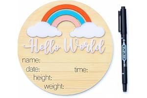 HONOCOOLS Wooden Baby Announcement Sign, Hello World Rainbow, 1 Piece, 3 Customizable Elements, 3D Dimensional, Easy to Display, Great Gift for New Parents