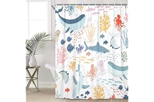 Lacoiime Shark Shower Curtain, White Boho Ocean Fish Shower Curtain Abstract Underwater Animal Cartoon Bathroom Curtain with Colorful Fabric Shower Curtains for Kids Bathtub Decor (70 X 85 inch)