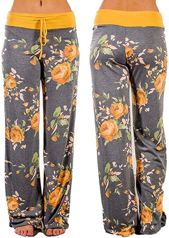 Women Comfy Casual Pajama Pants Floral Print Drawstring Trousers Palazzo Long Lounge Pants Wide Leg