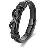 REchoLI Infinity Bracelet for Men,Stainless Steel Silver/Black Men Infinity Leather Bracelet Wristband Cuff Bracelet 21 cm / 8.26 inches