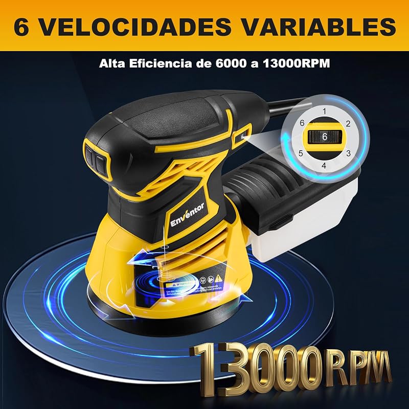 Lixadora de madeira, 350W, 6 velocidades, 125 mm, 20 lixa, 13000 RPM
