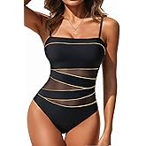 Holipick Women Strapless Bandeau One Piece Swimsuits Sexy Mesh Cutout Bathing Suits Tummy Control Swimwear