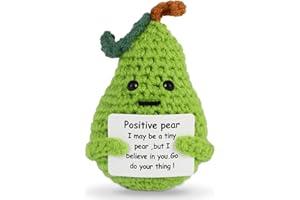 Hoedia Handmade Emotional Support Pickle Gift, Cucumber Crochet Doll Inspirational Gifts with Wooden Base, Cute Knitted Cucumber Doll Funny Pickle Toy (Positive Pear)