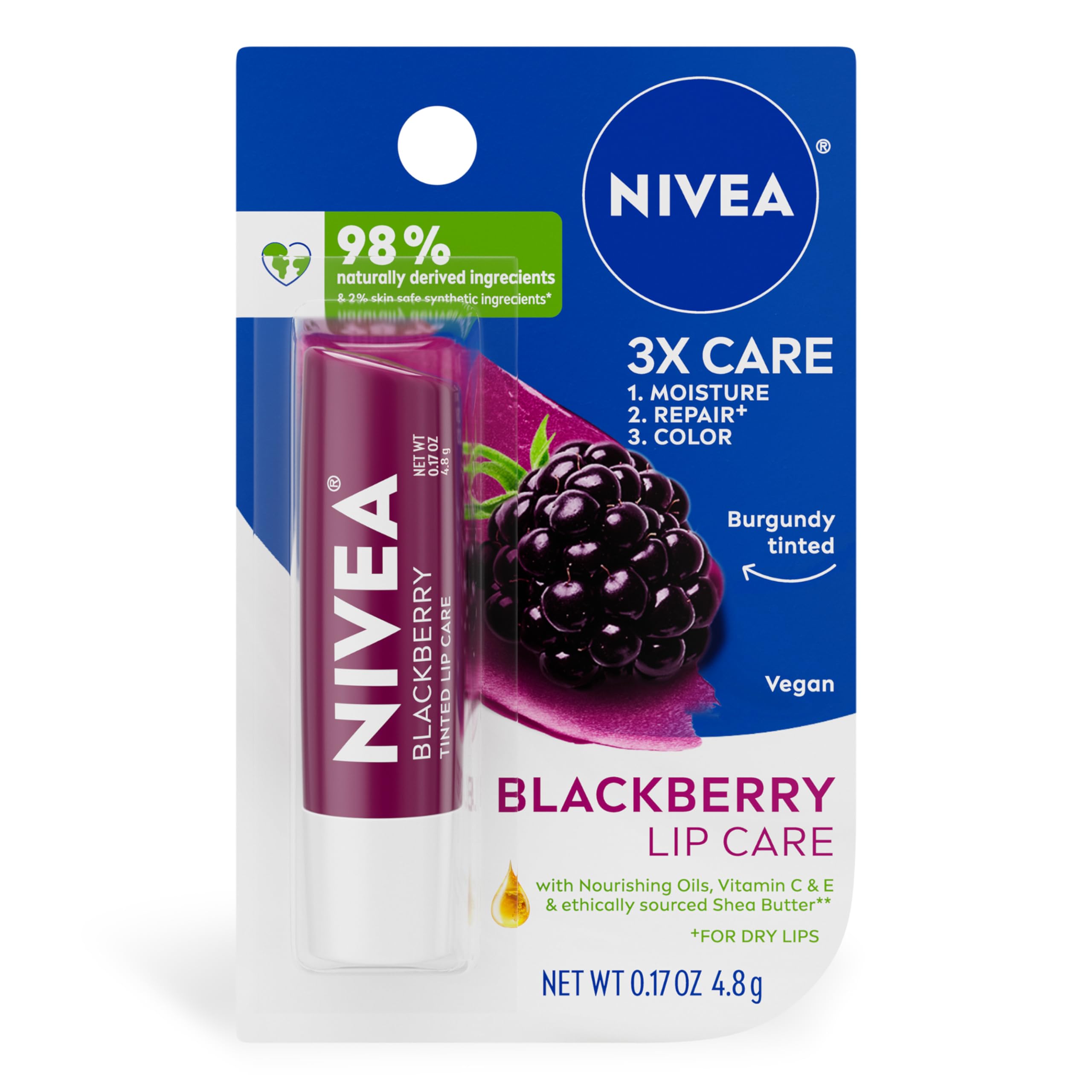 NIVEA Blackberry Lip Care, Tinted Lip Balm with Shea Butter, Nourishing Oils and Vitamin C & E, 3-in-1 Moisture, Repair (for Dry Lips) and Color, 0.17 Oz Stick