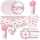 Cherry Party Tableware She's The Cherry On Top Theme Tableware Pink Bow Cherry Decorations Set for Wedding Birthday Party Cherries Party Supplies