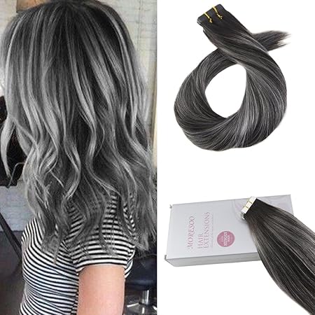 Moresoo 16zoll Glatt Echthaar Ombre Balayage Tape Extensions Echthaar Brasilianer Balayage Naturschwarz Mit Silber Highlight 