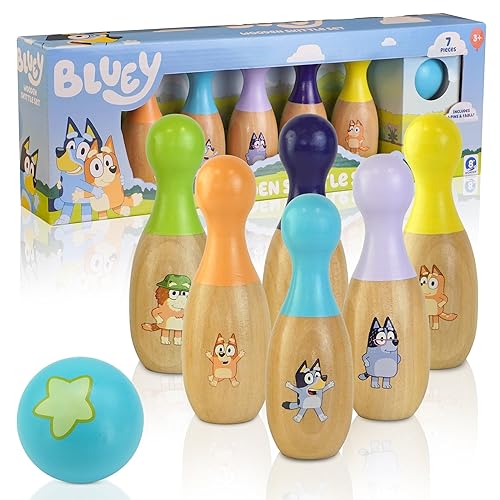 Bluey - Wooden Skittles Set - Indoor & Outdoor Bowling Game for Kids - 6 Character Pins & 1 Ball - Develops Motor Skills & Hand-Eye Coordination - FSC Certified, Ages 3+ (Classic)