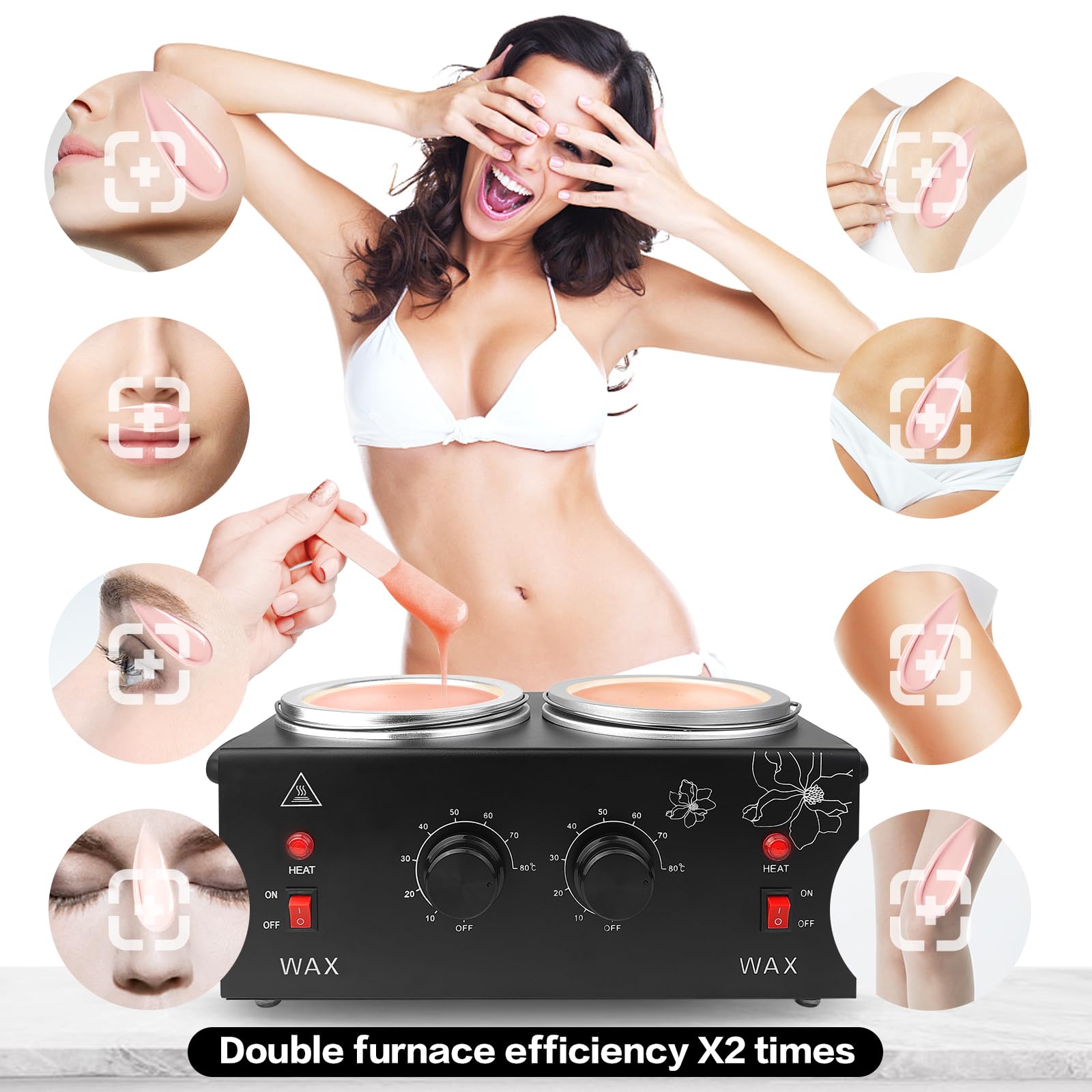 Portable Wax Warmer Machine for Painless Hair Removal, Women Men Professional Wax Heater with Adjustable Temperature Set, 40pcs Sticks, 2 Silicone Bowls (Black - Double Pots)