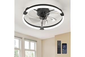 Ensenior 20'' Low Profile Ceiling Fans with Lights and Remote, Fandelier Ceiling Fan Flush Mount, APP Control, 6 Speed & 3000K-6500K Stepless Dimmable Small Ceiling Fan with Light for Bedroom - Black
