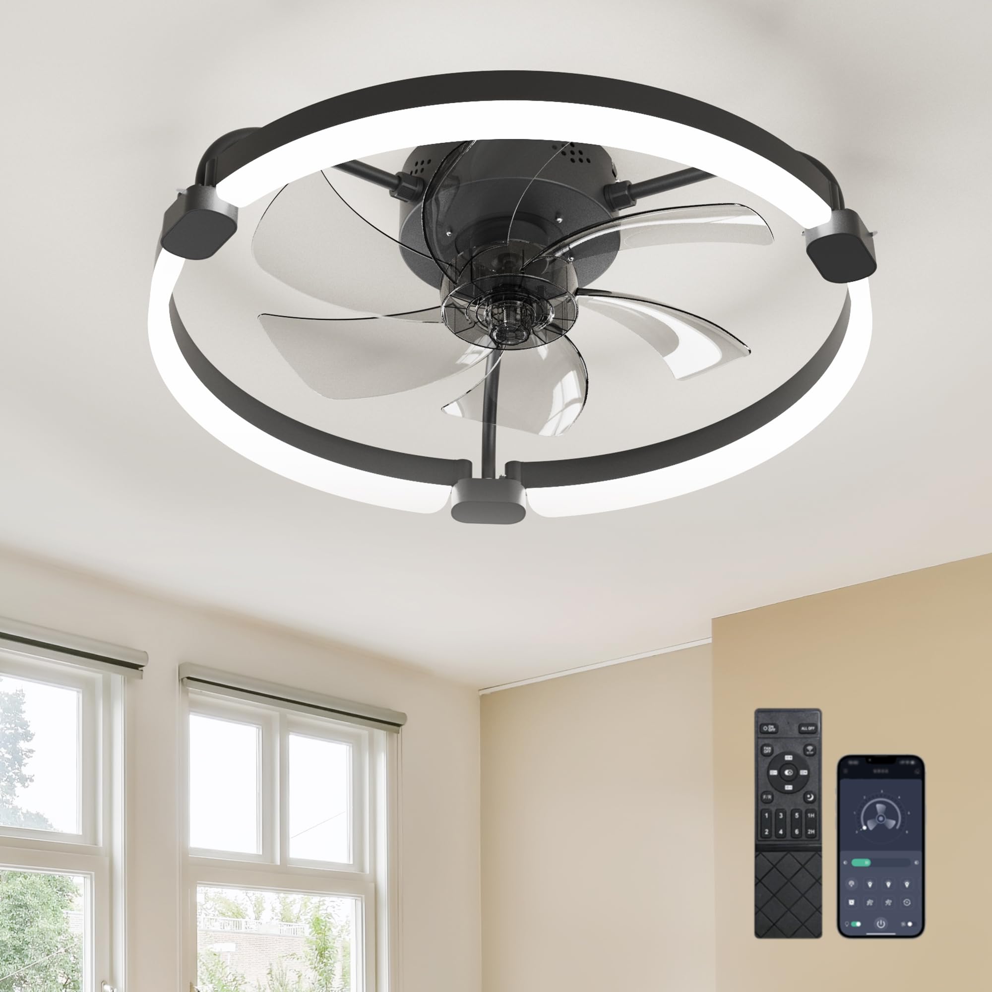 Photo 1 of Ensenior 20'' Low Profile Ceiling Fans with Lights and Remote, Fandelier Ceiling Fan Flush Mount, APP Control, 6 Speed & 3000K-6500K Stepless Dimmable Small Ceiling Fan with Light for Bedroom - Black