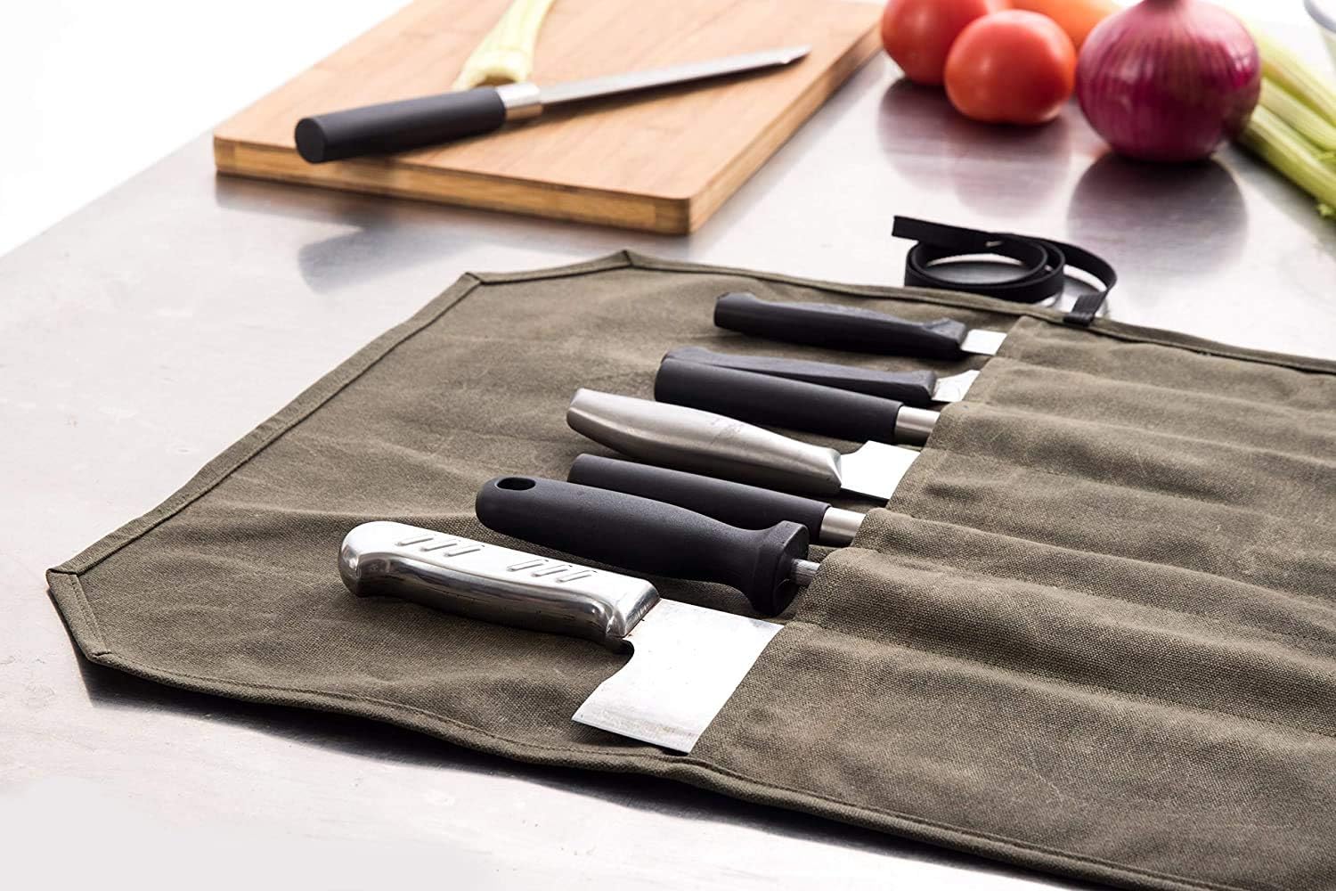 Khaki Chef’s Knife Roll Case, Waxed Canvas Cutlery Knives Holders Protectors, Home Kitchen Cooking Tools and Utensils Wrap Bag Wallet, Multi-Purpose Brush Roll Bag, Travel Tool Roll Pouch (Khaki): Home & Kitchen