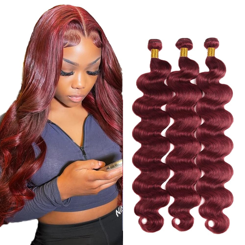 Photo 1 of Aikebi Bundles Human Hair 26 28 30 Inch Body Wave Burgundy 99J Human Hair Bundles 11A Unprocessed Brazilian Virgin Hair Quick Weave for Black Women