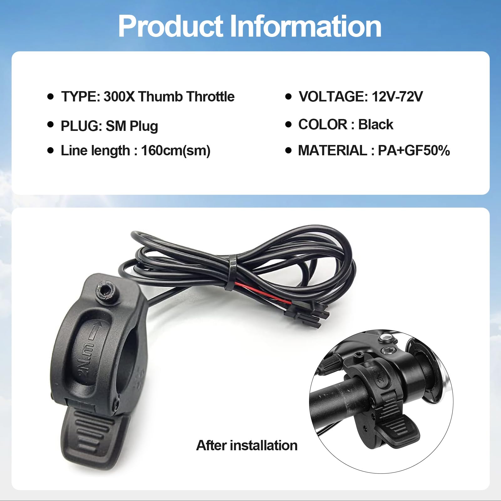 Electric Throttle 300X Thumb Throttle for 7/8inch 22mm Left and Right Handlebars 12v 24v 36v 48v 60v 72v Electric E-Bikes (SM Plug)
