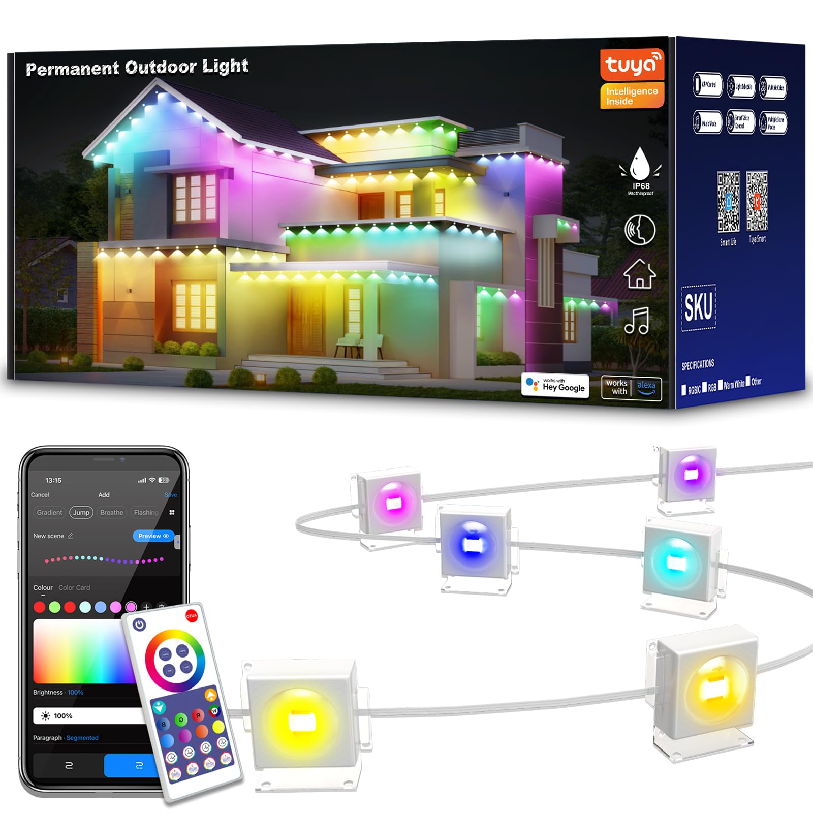Photo 1 of 150ft Permanent Outdoor Lights with 90 LEDs, IP68 Waterproof Smart RGB+IC LED Christmas Light with 75 Scene Modes, Holiday Lights for Christmas Outdoor Decor, Work with Wi-Fi, Alexa & Google Assistant