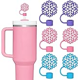 Whaline 6 Pcs Winter Straw Cover Cap Purple Pink Blue Snowflake Silicone Straw Topper Reusable 10 mm 0.4 In Straws Lid Protector for Christmas 30/40 oz Tumbler Cup Accessories