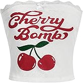 BEAUDRM Women's Y2k Letter Cherry Graphic Tube Crop Top Lace Trim Bow Sleeveless Bandeau Tops