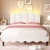 Obdbaiti Full Size Bed Frame with Storage Headboard &amp; LED Lights, Beige | Charging Station, Upholstered Platform Bed with Wavy Velvet Headboard and Footboard, Strong Wood Slats, No Box Spring Needed