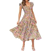 DOROSE Women's Summer Floral Dress Square Neck Smocked Boho Midi Dress Ruffle Tie Back Flowy Beach Long Tiered Dress