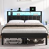 OLEVS Queen Size Bed Frame with LED Lights &amp; Charging Station, Modern Platform Bed with 2-Tier Storage Headboard, No Box Spring Needed, Noise Free