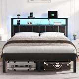 OLEVS Queen Size Bed Frame with LED Lights & Charging Station, Modern Platform Bed with 2-Tier Storage Headboard, No Box Spring Needed, Noise Free