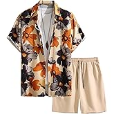 Yimoon Mens Summer Beach Vacation Outfits 2 Piece Tropical Short Sleeve Button Down Hawaiian Shirt and Shorts Set(Khaki-M)