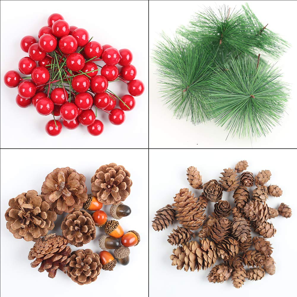 DomeStar 120PCS Artificial Acorns Berry Craft and Natural Pinecones Ornament Set, Artificial Pine Picks Fake Fruit Decor Winter Decorating Kit
