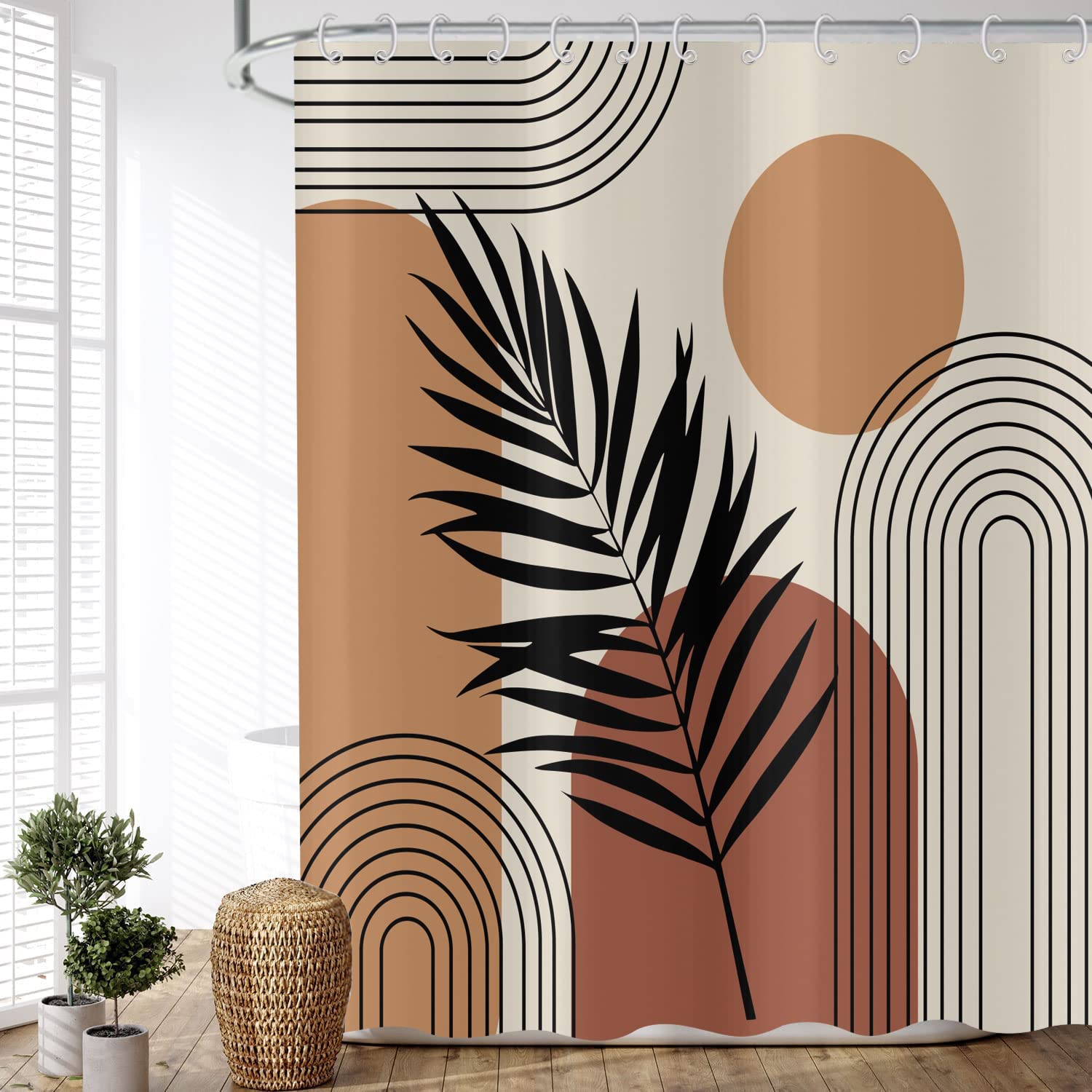 ASDCXZ Boho Shower Curtain 180x200 cm, Waterproof Fabric Shower Curtains, Modern Abstract Art Boho Style Line Sun Leaves Beige Outdoor Washable Polyester Bathroom Curtain with 12 Hooks