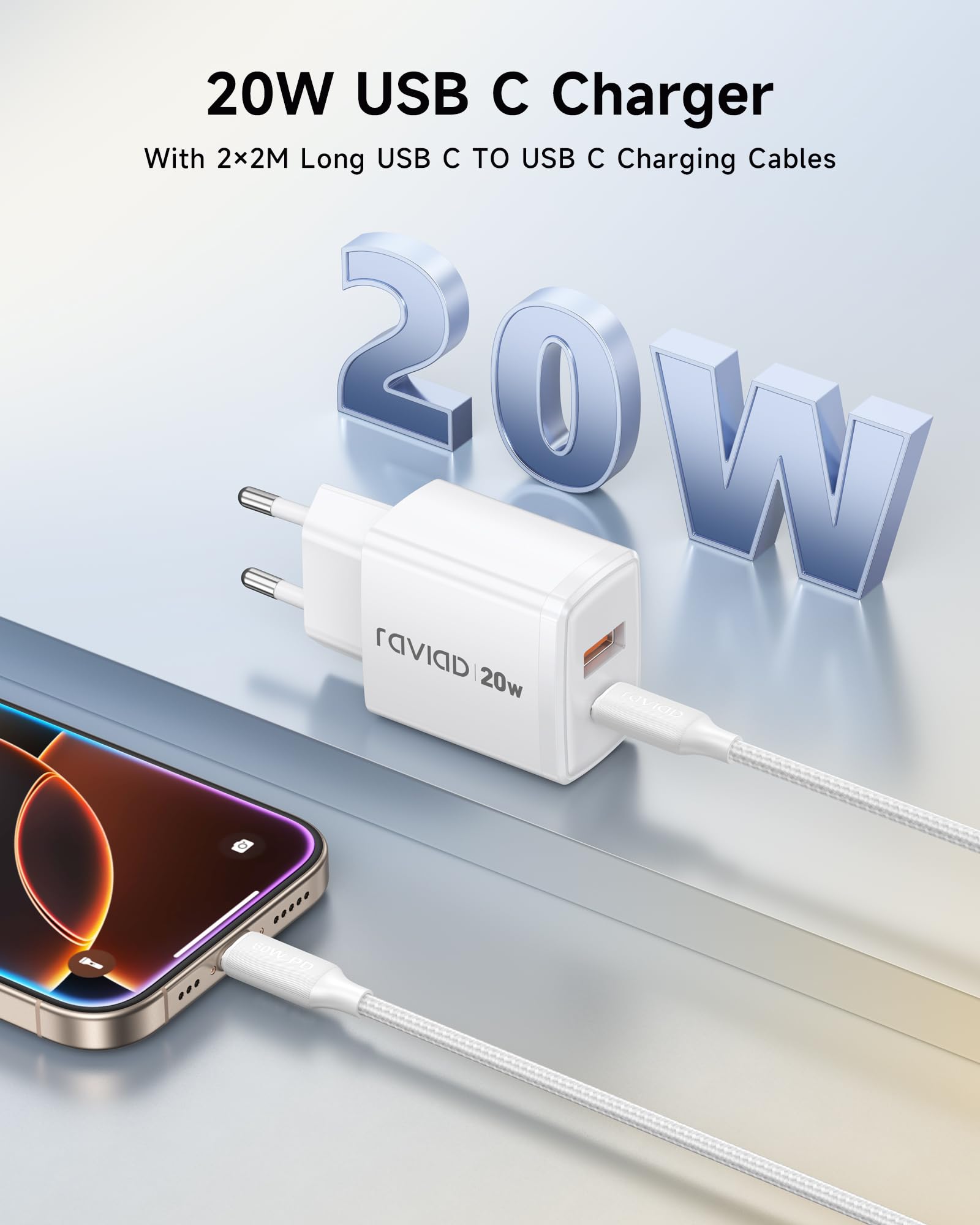 RAVIAD USB C Ladegerät 2-Pack 20W, [USBC + USBA] Schnellladegerät mit USB C Kabel 2M, Handy Netzteil Typ C mit 2-Port, Kompatibel mit iPhone 17 16 16e 15 Pro Max, iPhone Air, Pad Pro, Galaxy S25 S24 2