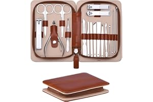 FIXBODY Nail Clippers Set, Manicure Set Professional and Pedicure Kits, 17 Pieces Fingernail Clipper Toenail Clipper Set Cuticle Nipper with Brown Leather Case, Nail Care Kit, Gift for Men and Women