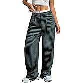 LKOUS Women's High Waisted Dress Pants Stretchy Wide Leg Striped Trousers Casual Work Office Pants with Pockets