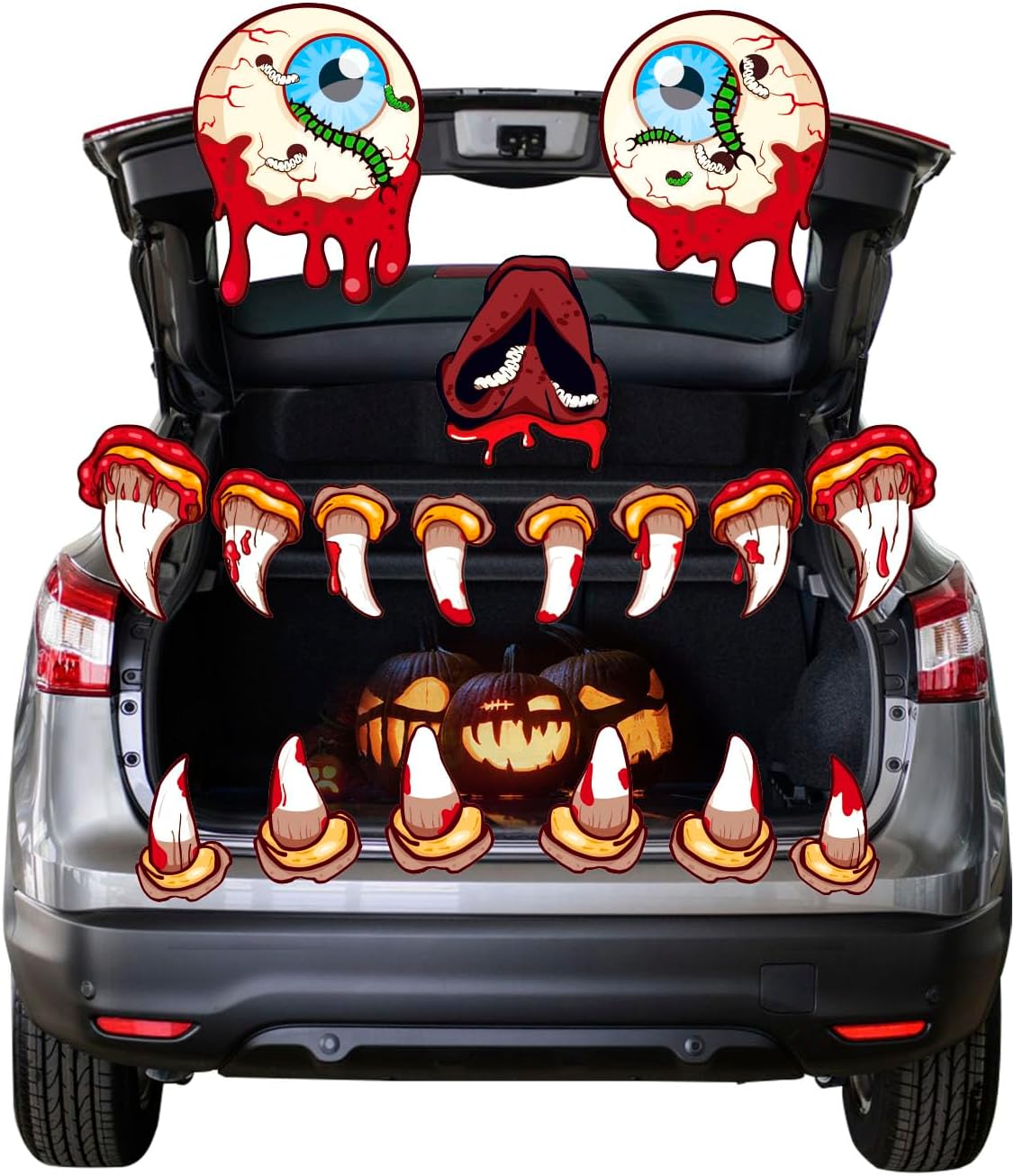 Garage Door Decorations - Halloween Trunk or Treat Car Decorations Kit,17PCS Halloween Monster Decorations for Car SUV Door Archway Garage,Outdoor Halloween Decorations Stickers with Eyes Nose Fangs,Halloween Party Supplies