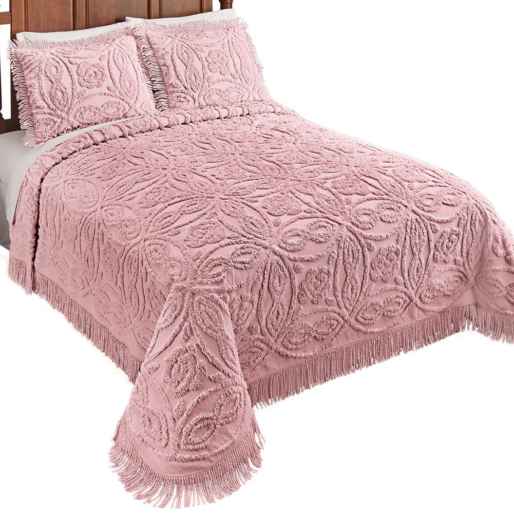 Collections Etc Elegant Blush Wedding Ring Chenille Bedspread with Fringe Border