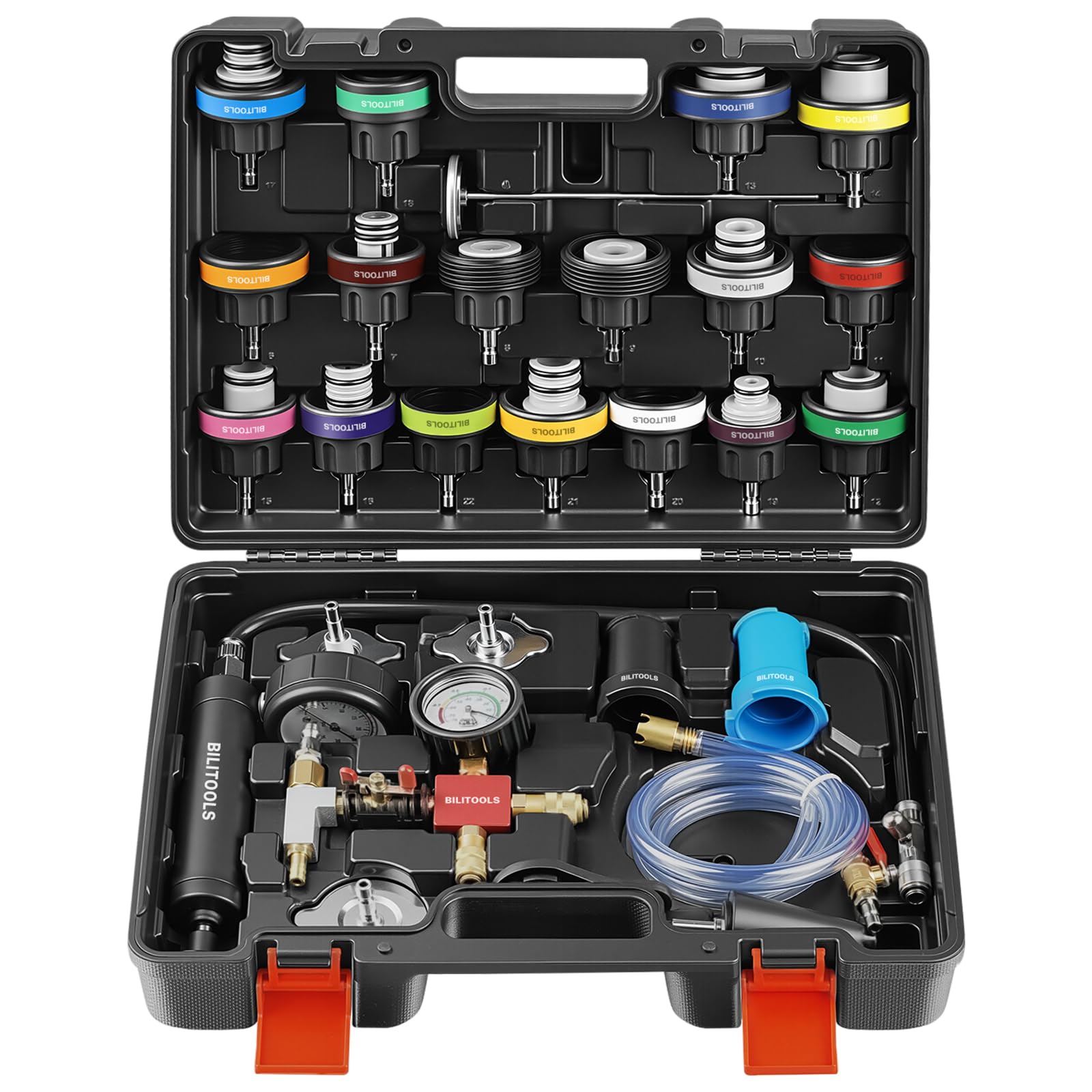 Photo 1 of BILITOOLS Radiator Coolant Pressure Tester & Vacuum Refill Kit, 28-Piece Universal Cooling System Radiator Leak Tester & Refiller