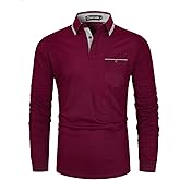 GHYUGR Men's Classic Plaid Splicing Long Sleeve Golf Polo Real Pocket Business Casual T-Shirt