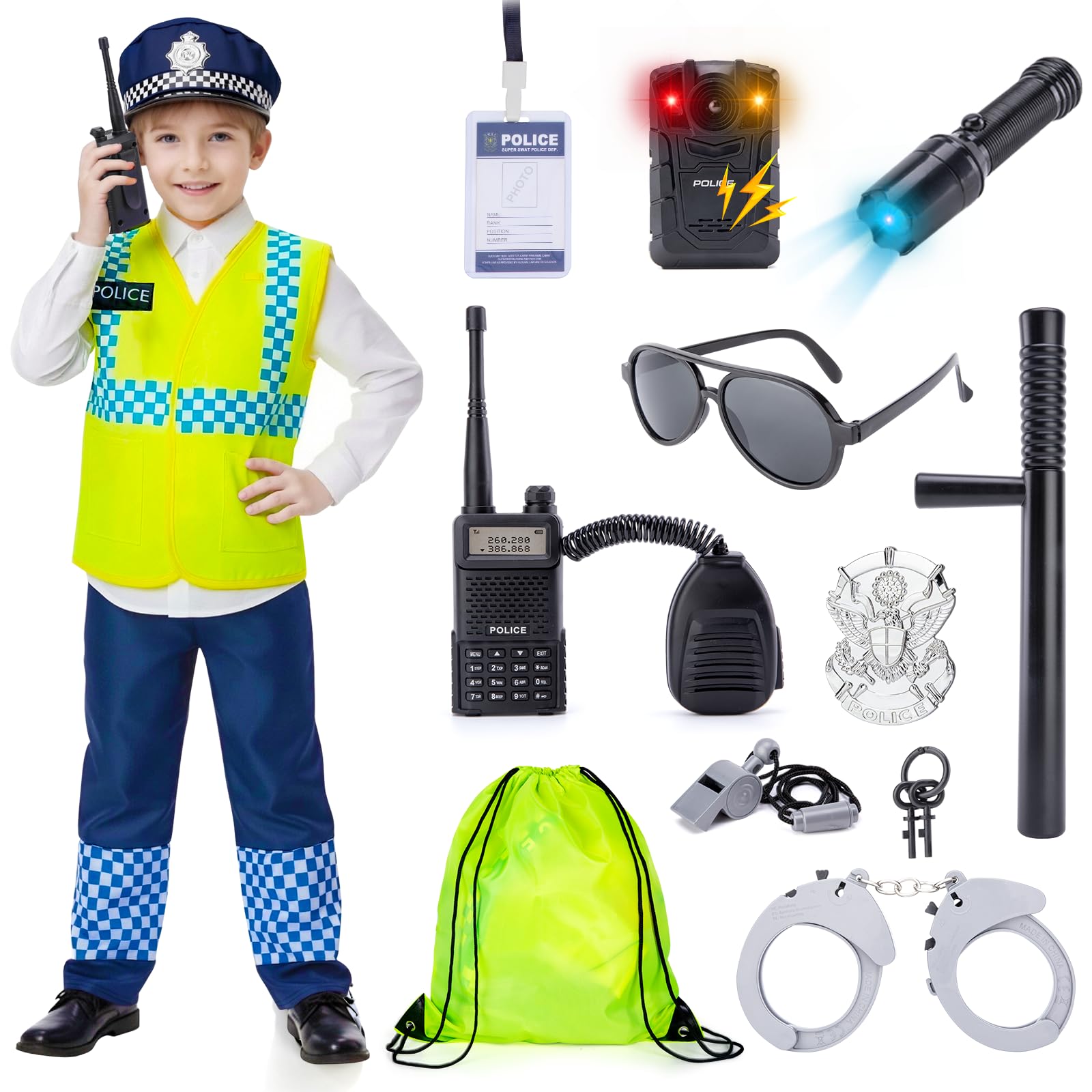 WIKITOT Police Costume Kids, Boys Dress up with Walkie-talkie, Recorder for Kids Aged 3 to 7 Years Old, Fancy Role Play Toys for Toddlers Halloween World Book Day Costumes
