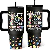 RHONGE Autism Tumbler 40 Oz, Autism Awareness Tumbler With Handle, It's Ok to Be Different Giraffe Cup, Birthday Christmas Gifts For Autistic Person, Autismo Gift Black
