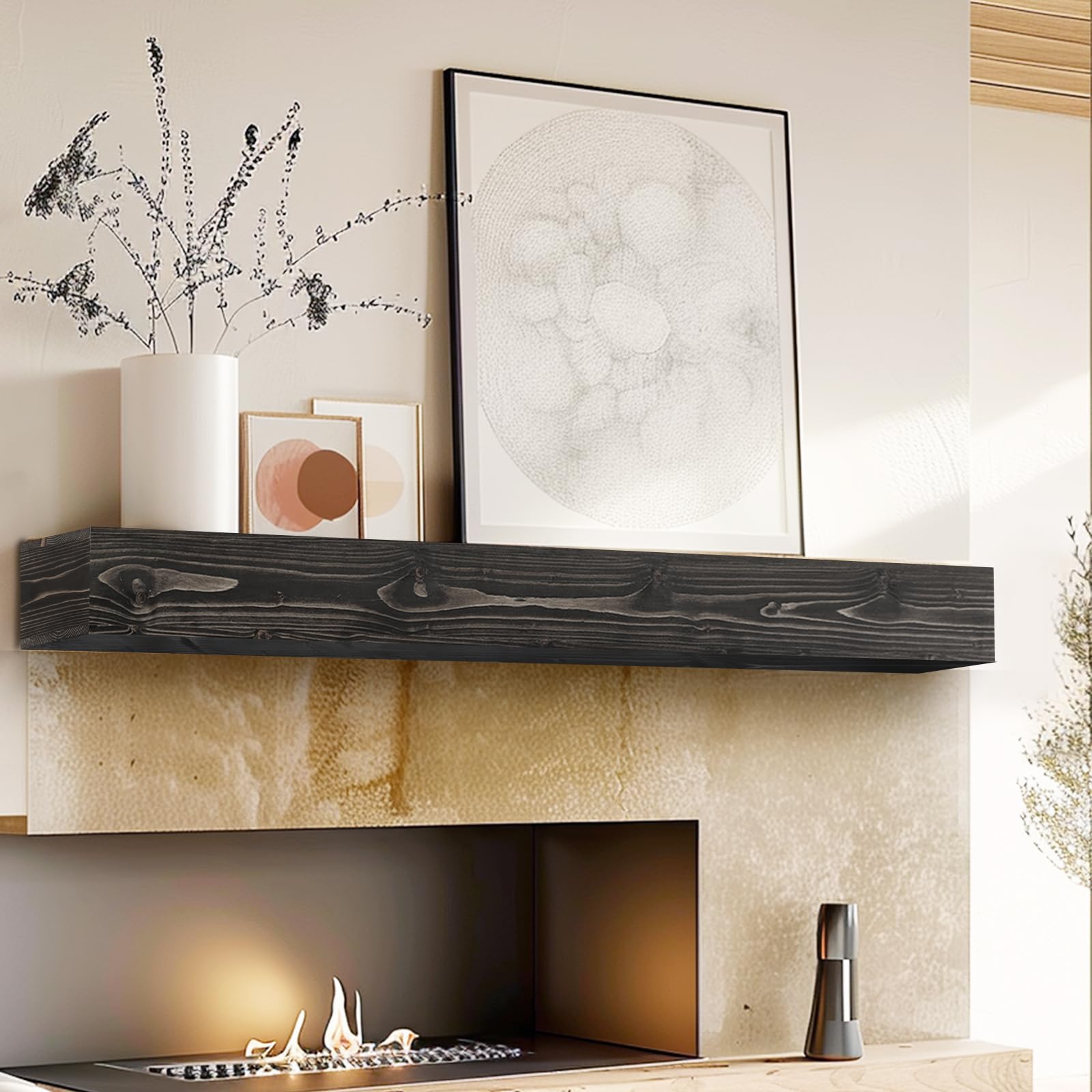 Photo 1 of ***It is used, it is not known if it is missing parts, therefore it is not known if it works 100%.***YLYHSST 60" Fireplace Mantel, 5'' Thick Handmade Hollow Solid Wood Wall Long Floating Shelf with Invisible Wood Brackets, Black