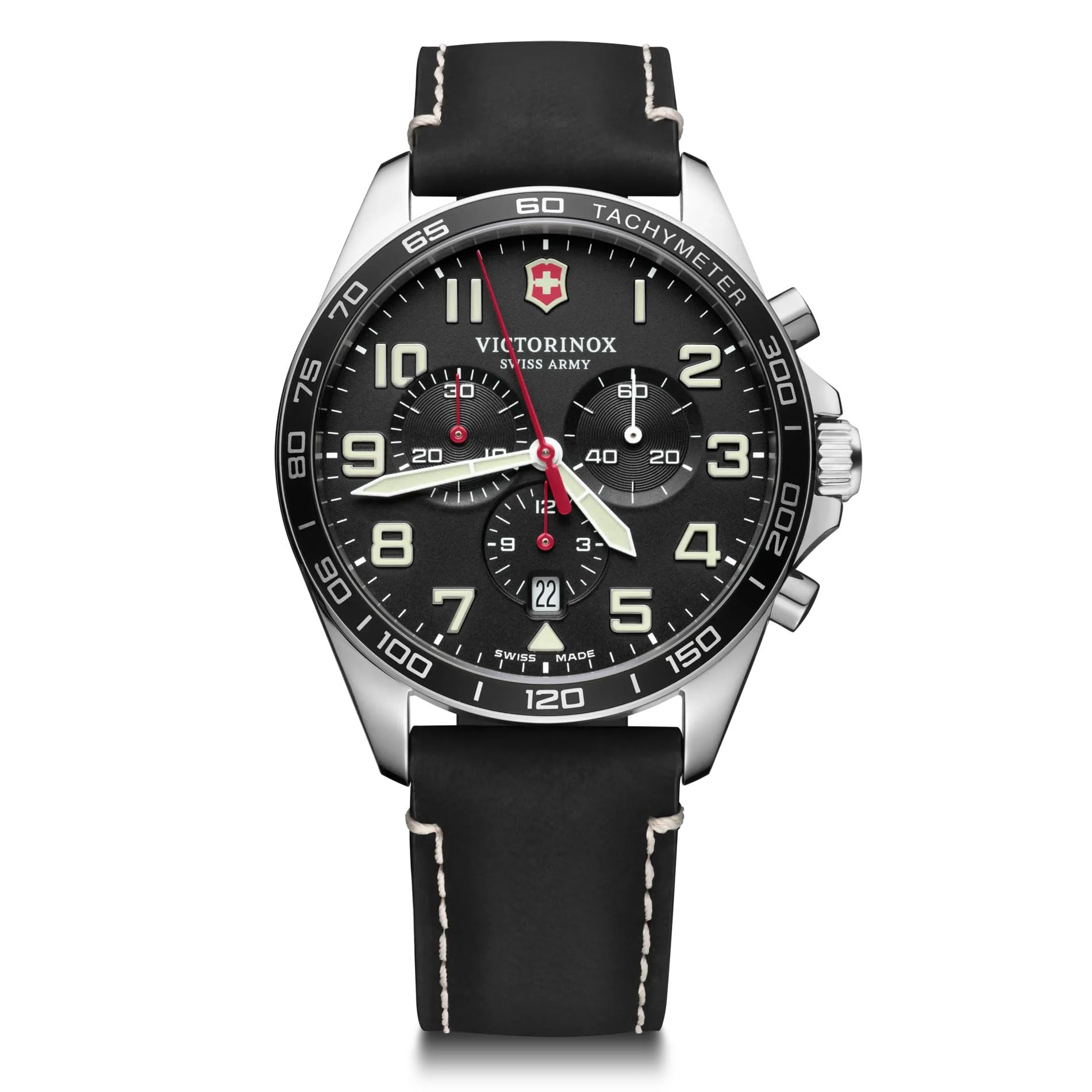 Victorinox Men’s Watch Fieldforce Chrono Ø 42 mm, Swiss Made, Analogue Quartz, Water-Resistant up to 100 m, Sapphire Glass, Leather Strap, White/Black