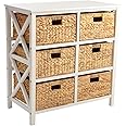 eHemco 3 Tier X-Side End Storage Cabinet, table with 6 Wicker Baskets for bedroom, living room in White