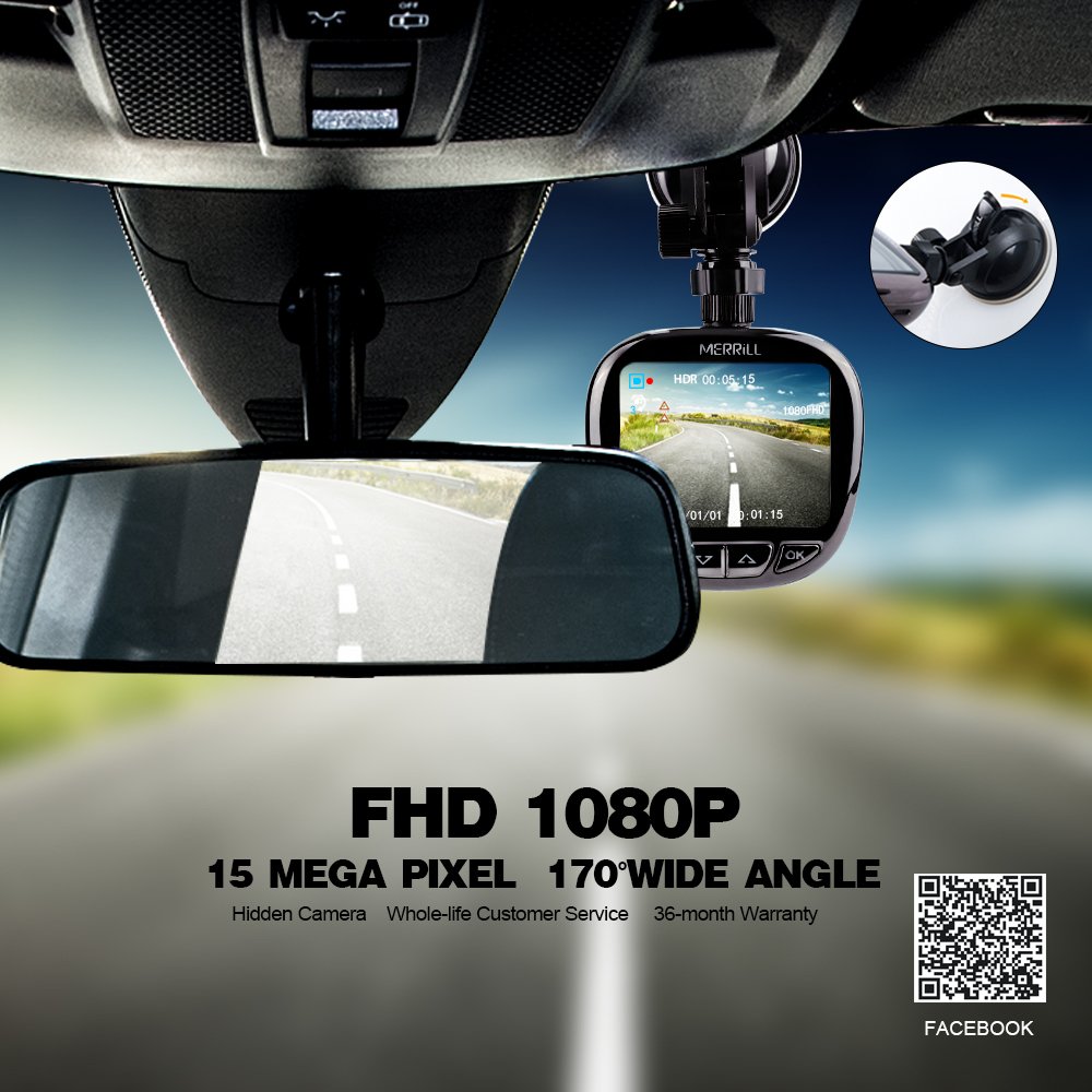 MERRiLL 1080P dash cam 170° Wide Angle Night Vision new design 15 mega pixel and 32GB card