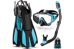 Odoland 4 in 1 Snorkel Set Adult, Snorkeling Packages with Dry Top Diving Mask, Adjustable Swim Fins, Mesh Bag, Anti-Fog Anti