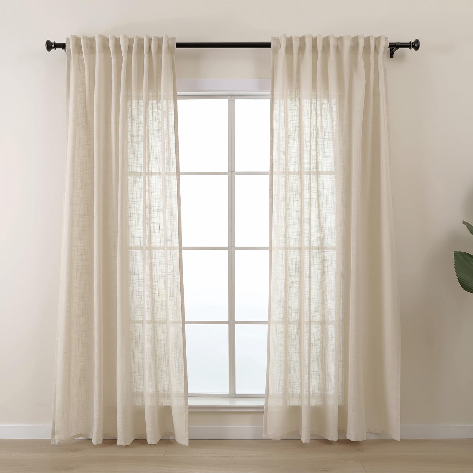 L.Z.E Curtains Beige Semi Sheer, 90 Inch Drop Linen Look Curtain with Pencil Pleat, Heavyweight Mesh Sheers for Bedroom Living Room Windows, 2 Panels Pack Net Drapes, 225 cm Long Textured Plain