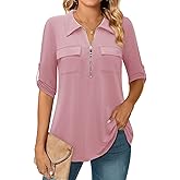 Bulotus Women's 3/4 Sleeve Collared Blouses Business Casual Tops Zip Front V Neck Work Shirts Loose Fit Tunic Tops