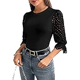 Women Crew Neck Lace Eyelet Ruffle Short Sleeve/Long Puff Sleeve Cotton Tops Loose Fit Stretch T Shirt