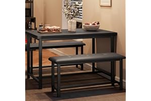 Fancihabor Dining Table Set for 4, Kitchen Table with Benches, Rectangular Dining Room Table Set with Upholstered Benches, 3 Piece Kitchen Table Set for Small Space, Apartment, Rustic Black