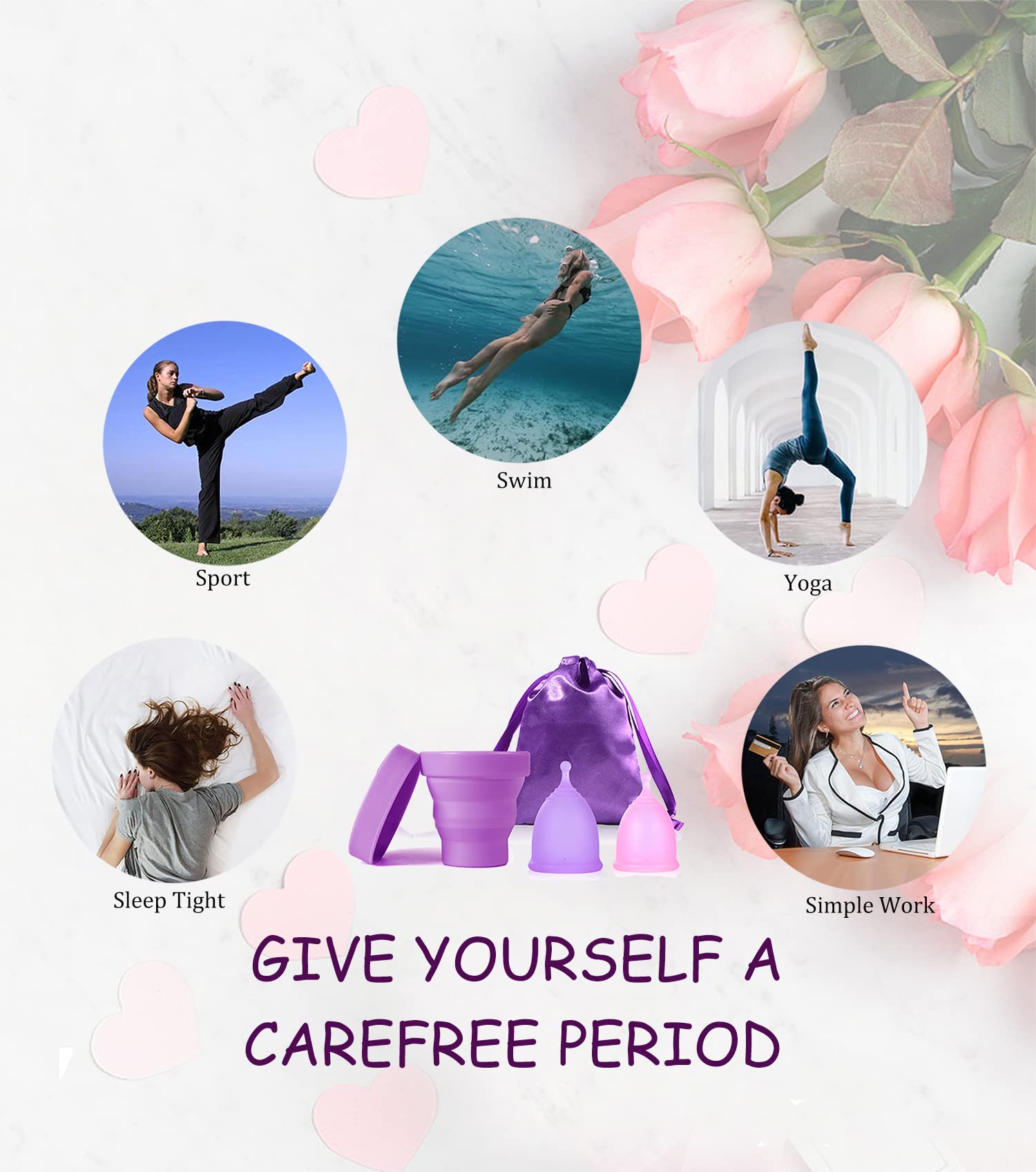 Menstrual Cups with Collapsible Storage Cup, Leak-Proof Design with Medical Grade Silicone Period Cups Reusable, Tampon and Pad Alternative,for Light Flow and Heavy Flow Large+Small