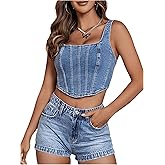 Floerns Women's Square Neck Sleeveless Corset Denim Top Asymmetrical Hem Zip Up Back Crop Tank Top
