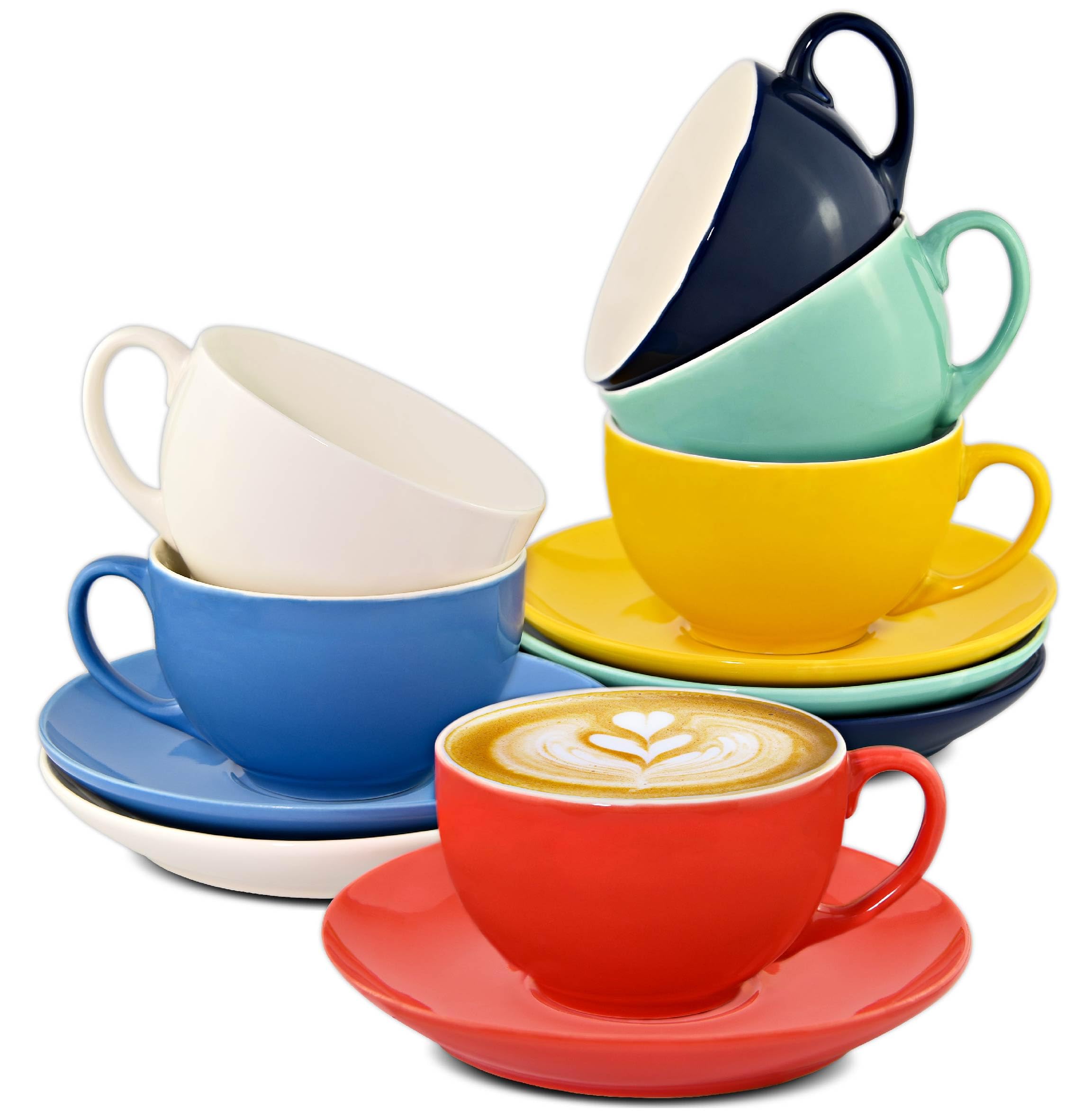 Cosumy 6 Cappuccino Cups & Saucers Colourful – Tea Cups Set of 6 – Coffee Cups Ceramic Set – Cup and Saucer Set – Coffee Cup Set for Home, Office & Café – Tea Cups and Saucers – Flat White Cups –180ml