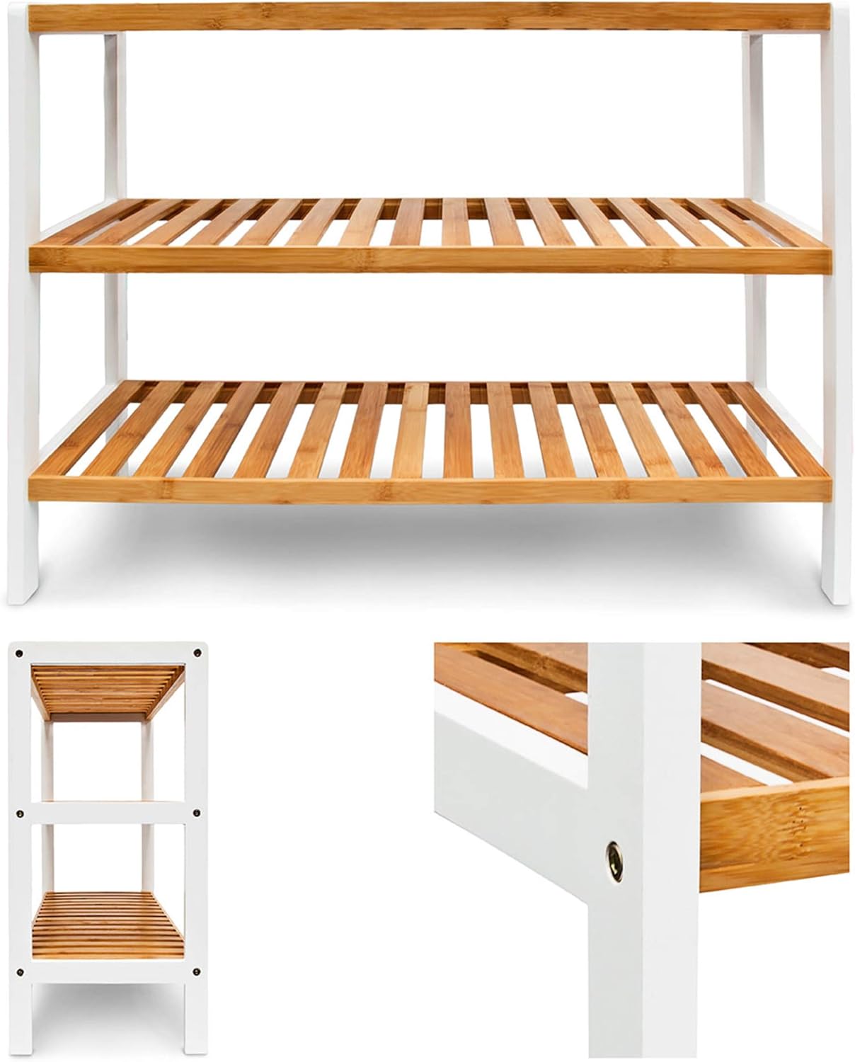 Relaxdays Bamboo Shoe Rack, With 3 Shelves, 70 x 54.5 x 24.5 cm, for 12 works of Shoes, Brown/White - Image 4